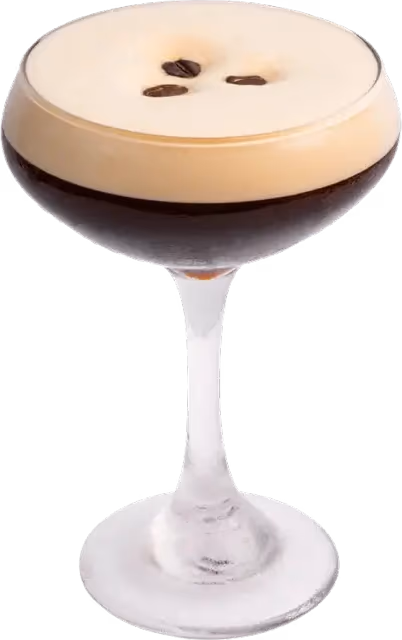 An Espresso Martini in a coupe glass with a foam top and three coffee beans