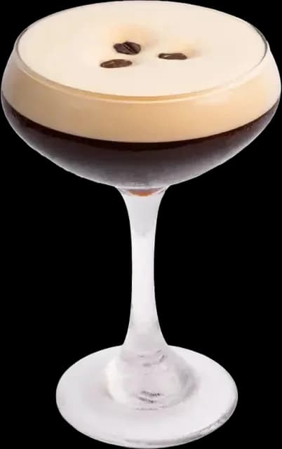 An Espresso Martini in a coupe glass with a foam top and three coffee beans